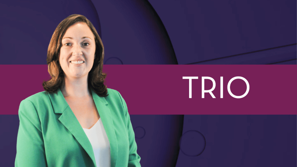 Photo Alexandra Blight with purple background and TRIO logo