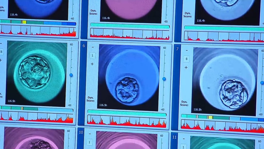 Lab scan of 3 different stage blastocysts in green, blue and grey colours