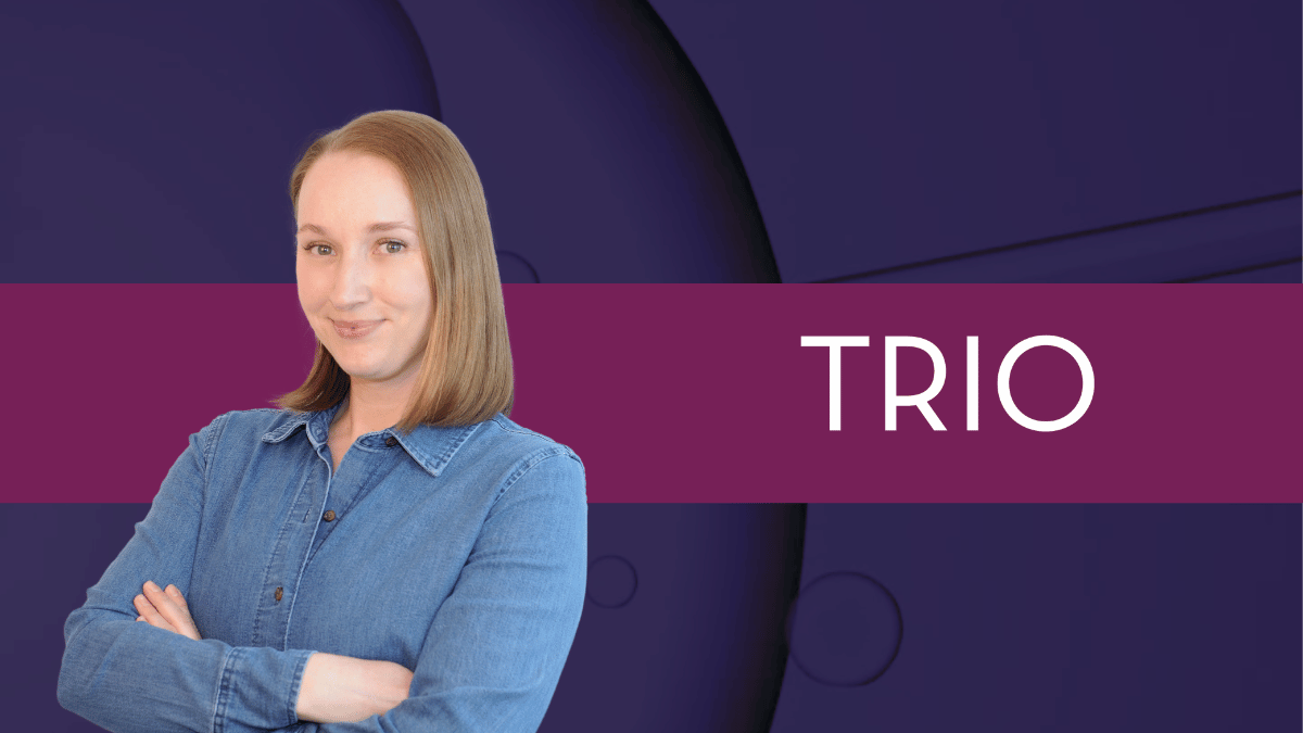 Photo of TRIO team member and TRIO logo with purple background