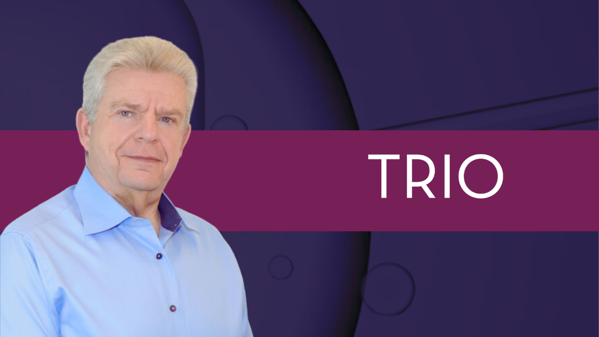 Photo Dr. Hananel E. G. Holzer with purple background and TRIO logo