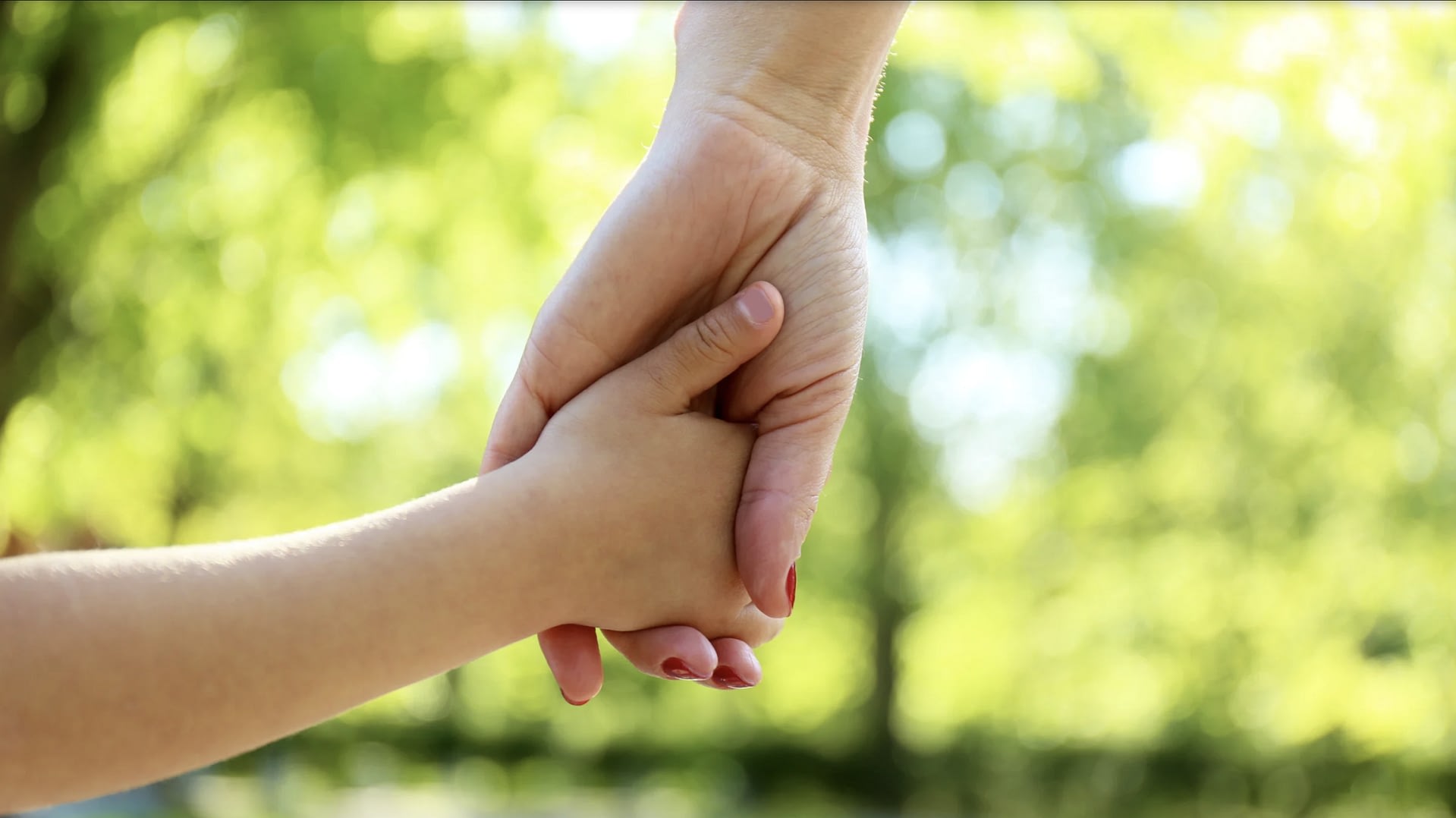Adult and child holding hands outdoors with a blurred green background.