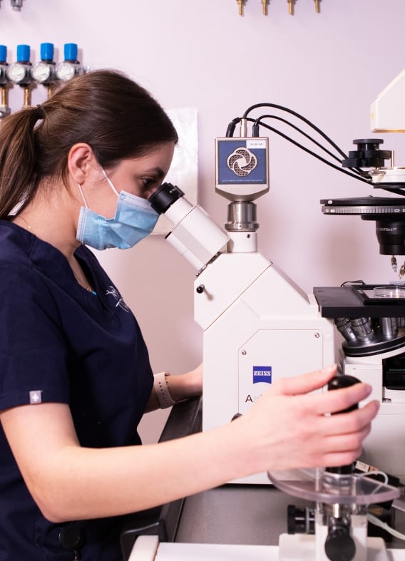 Nurse looking through microscope