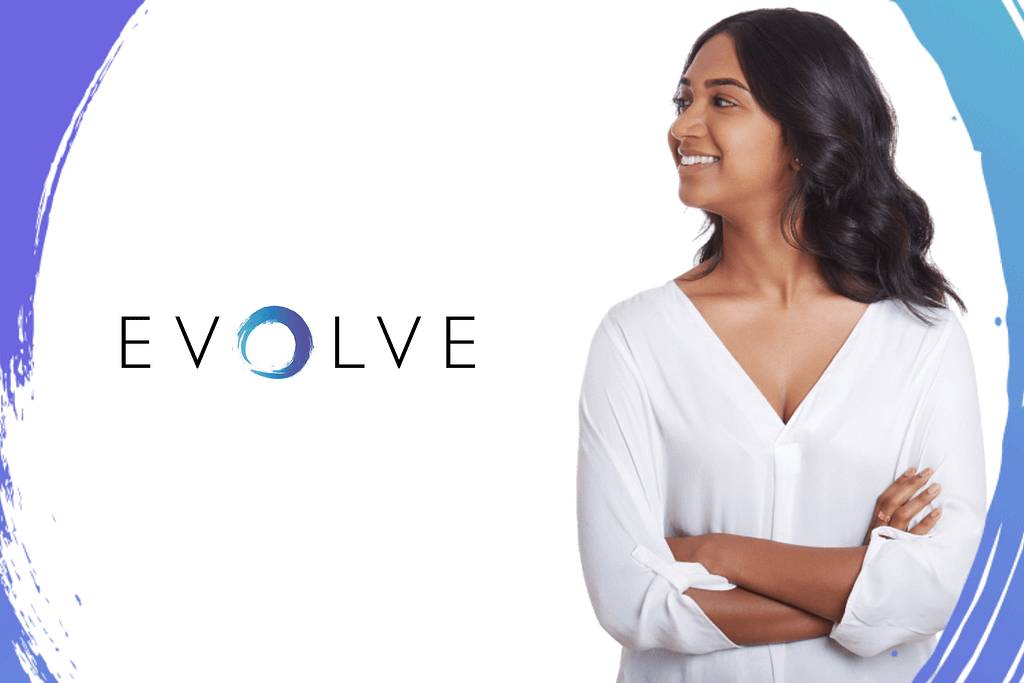 EVOLVE logo and photo of person in white shirt and brown hair smiling with hands crossed