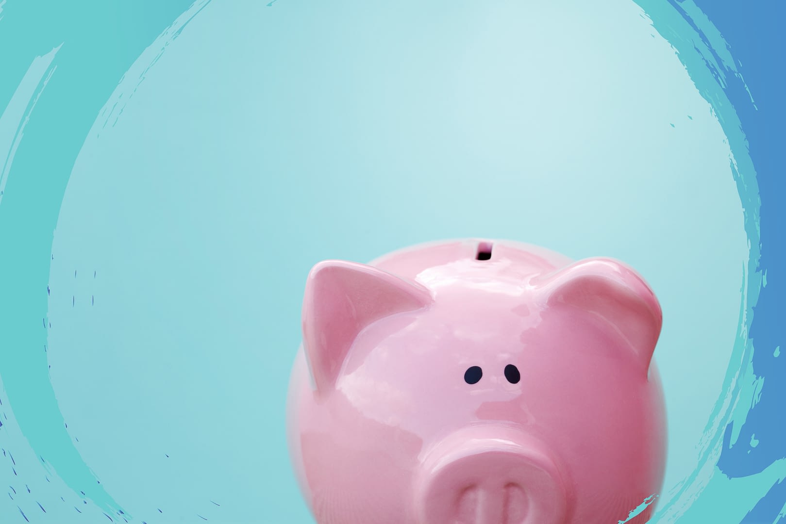 Pink piggy bank on a blue background.
