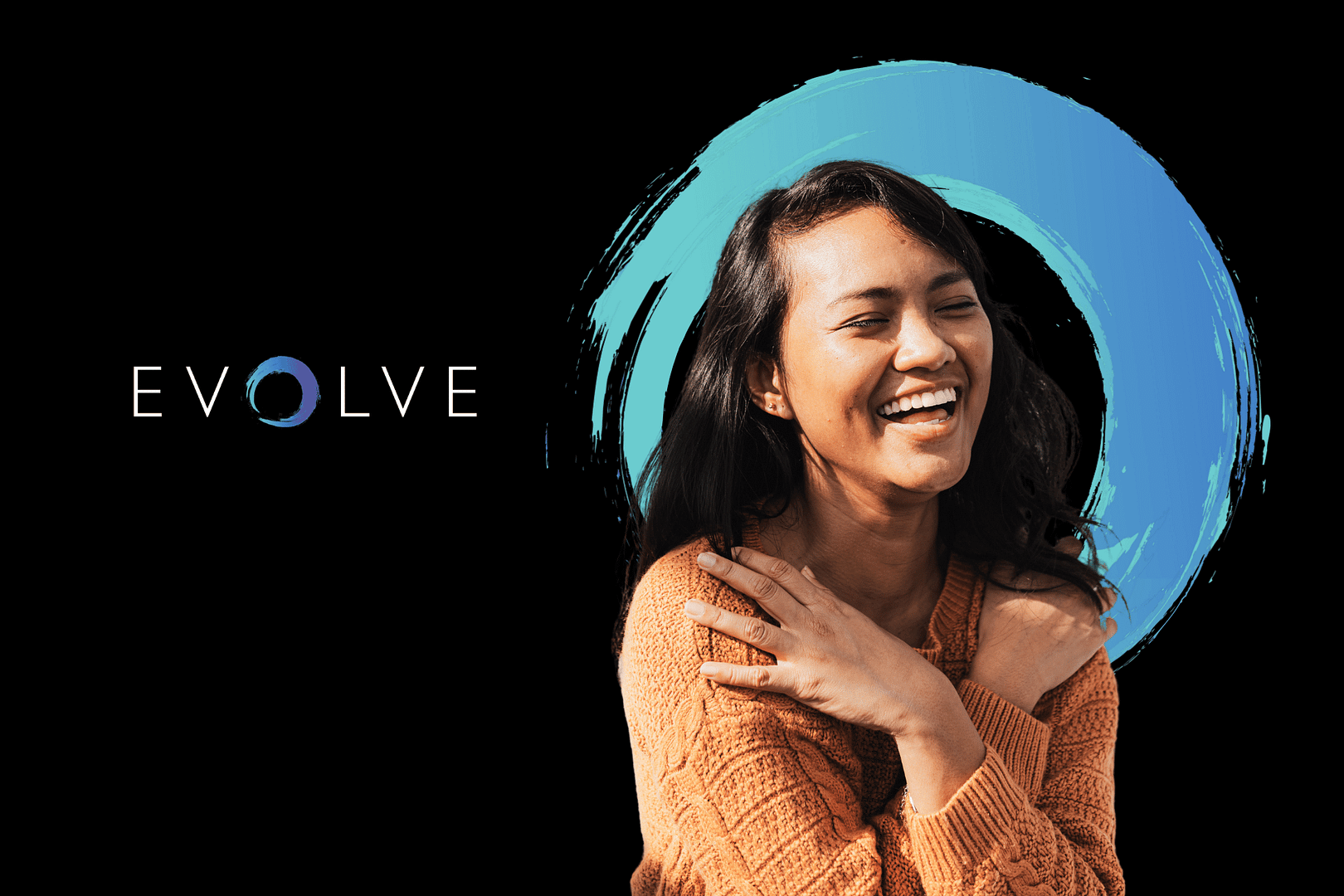 EVOLVE logo and photo of person with brown hair smiling in orange sweater