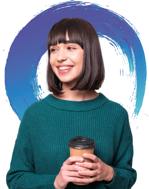 A smiling person holding a take-away coffee cup stands in front of the Evolve logo.