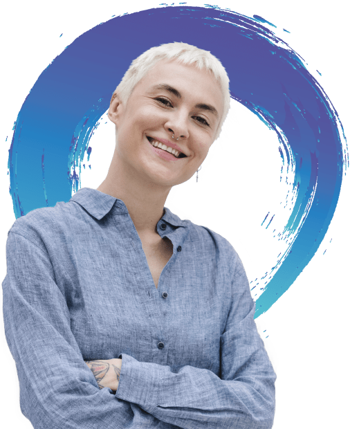 A smiling person standing in front of the Evolve logo.