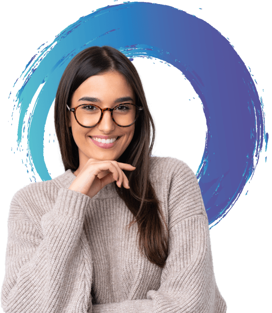 A smiling person sitting in front of the Evolve logo.