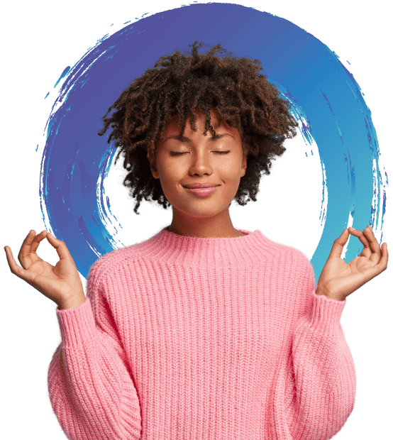 A person with closed eyes and both hands raised with the second finger touching the thumb. The Evolve logo is in the background.