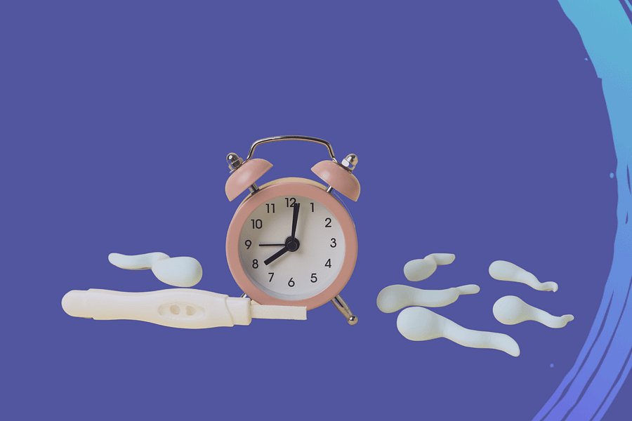 image of a clock with sperm on one side and a positive pregnancy test on the other side with a purple background