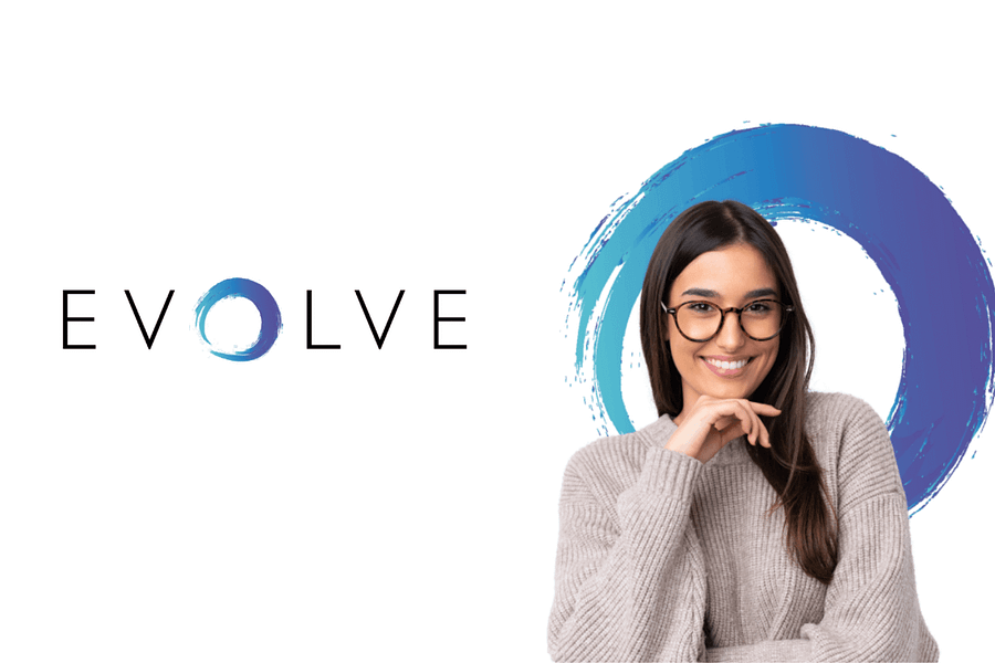 EVOLVE logo and a person with brown hair in sweater smiling with hand to her mouth